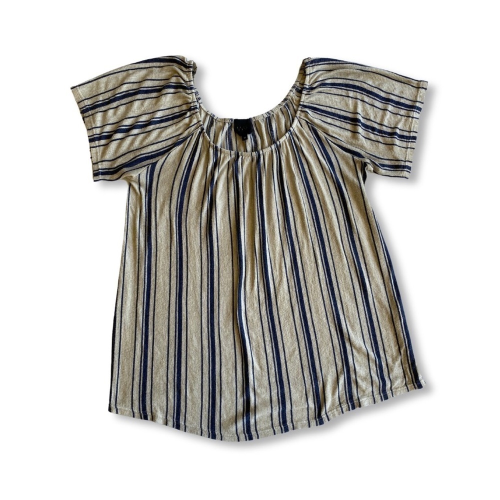 W5 Women’s Short Sleeve Shirt Boho Navy Tan Striped Size Medium GUC*